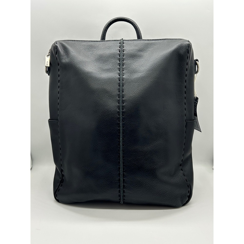 The Sak Black Pebbled Leather Whipstitch Backpack Zip Closure Adjustable Straps